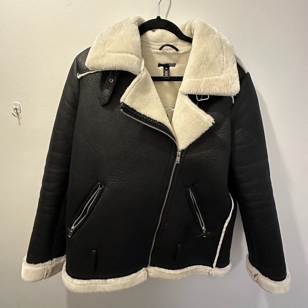 Aqua Aviator Faux Leather Shearling Jacket